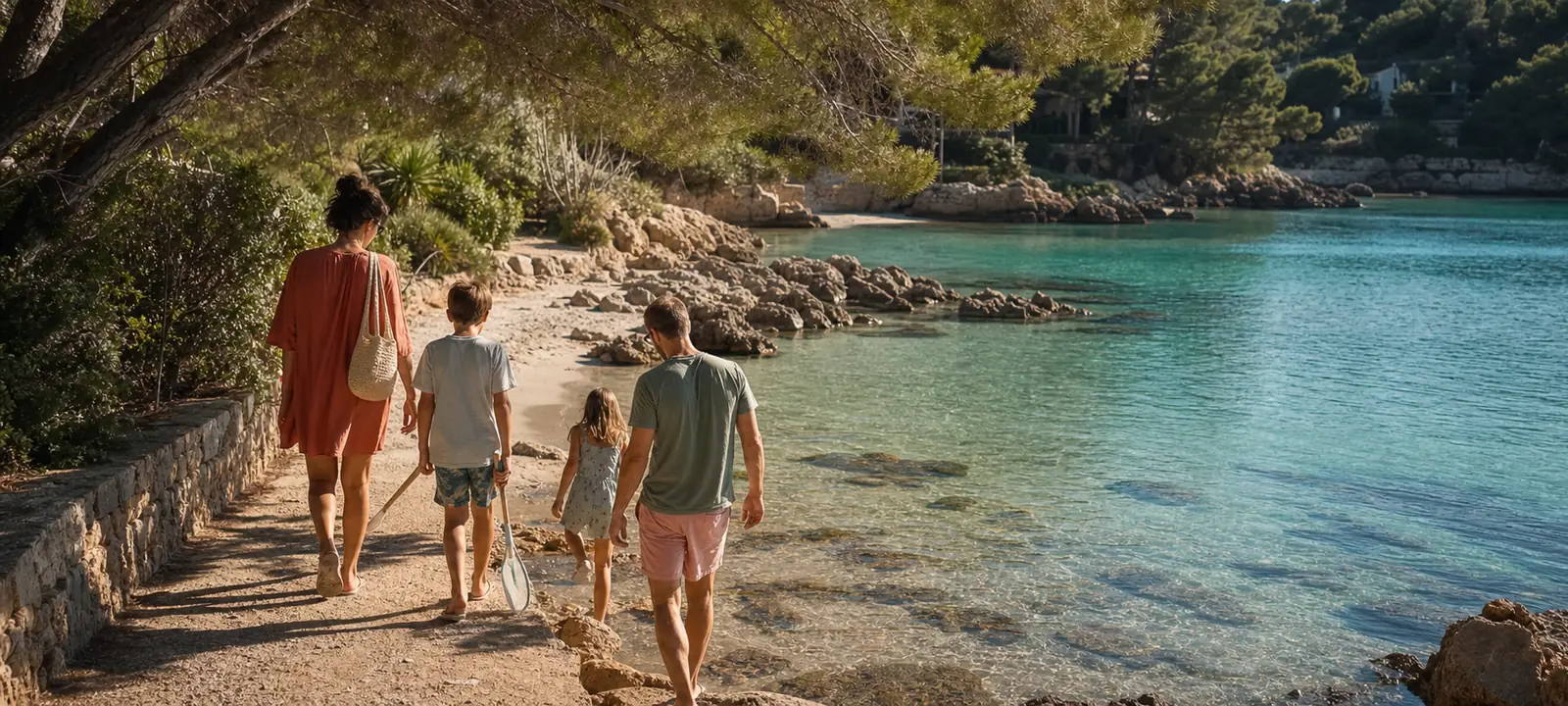 A family walking together beside a calm, clear coastal cove.