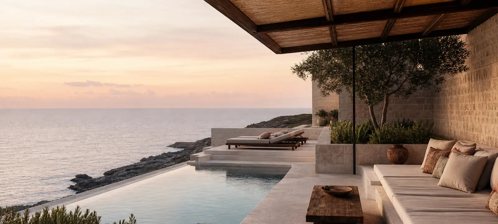 A quiet design-led coastal terrace with natural stone and a sea view.