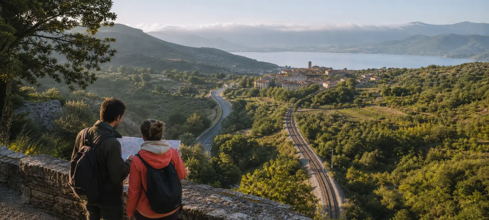 Two travellers studying a route above a valley crossed by road and railway.